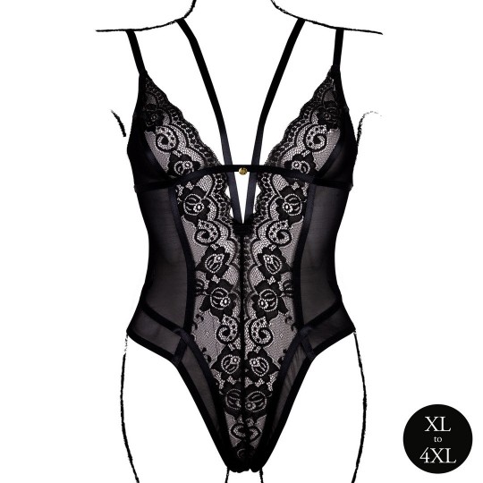 WIRELESS LACE BODYSUIT WITH ADJUSTABLE SLIDERS - PLUS SIZE - BLACK