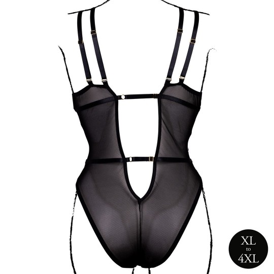 WIRELESS LACE BODYSUIT WITH ADJUSTABLE SLIDERS - PLUS SIZE - BLACK