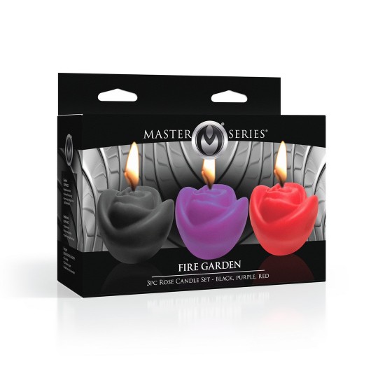 FIRE GARDEN ROSE CANDLE SET - 3 PIECES - BLACK/PURPLE/RED