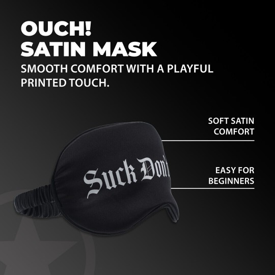 OUCH! SUCK DON'T BITE PRINTED SATIN MASK BLACK