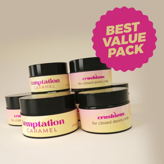 5ER-PACK + 1 GRATIS MASSAGEKERZE TEMPTATION MIT PHEROMONEN UND KARAMELLAROMA 20ML CRUSHIOUS