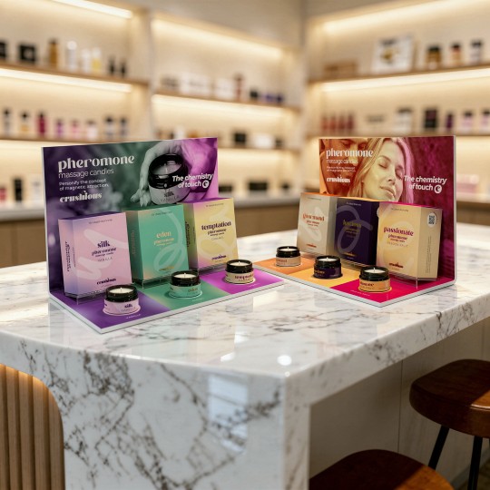 PACK ESPOSITORE PER SILK, EDEN E TEMPTATION CON 9 CANDELE DA MASSAGGIO AI FEROMONI + 3 CANDELE CRUSHIOUS IN OMAGGIO