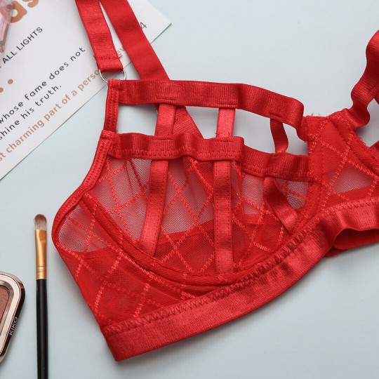 DIAMOND NET THREE PIECE LINGERIE SET - RED