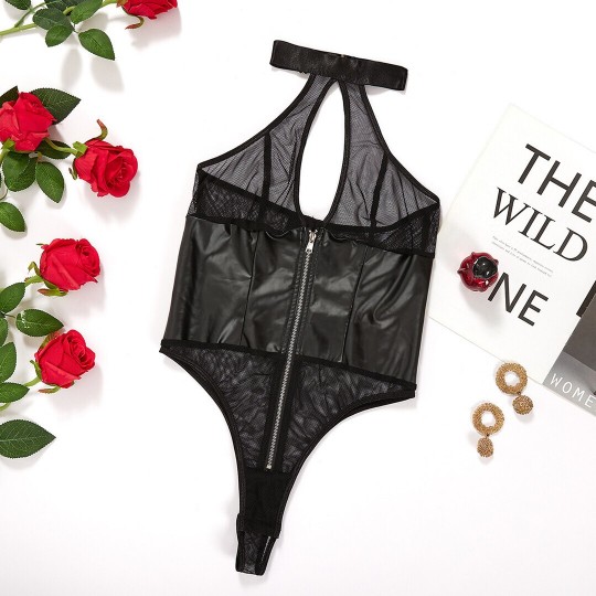 SHEER MESH HALTER BODYSUIT WITH ZIP-DOWN FRONT - BLACK