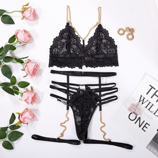STRAPPY THREE PIECE ‌LACE CUT-OUT SET WITH CHAINS - BLACK