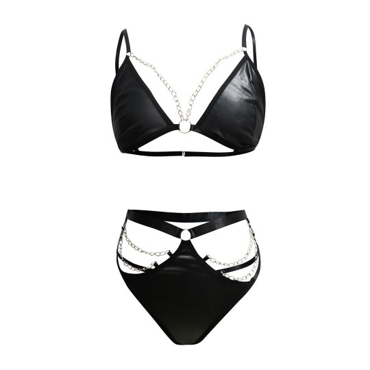 MICRO FAUX LEATHER TWO PIECE SET WITH CHAIN - BLACK