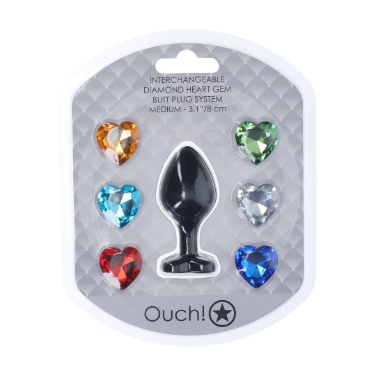 INTERCHANGEABLE DIAMOND HEART GEM BUTT PLUG - MEDIUM - BLACK