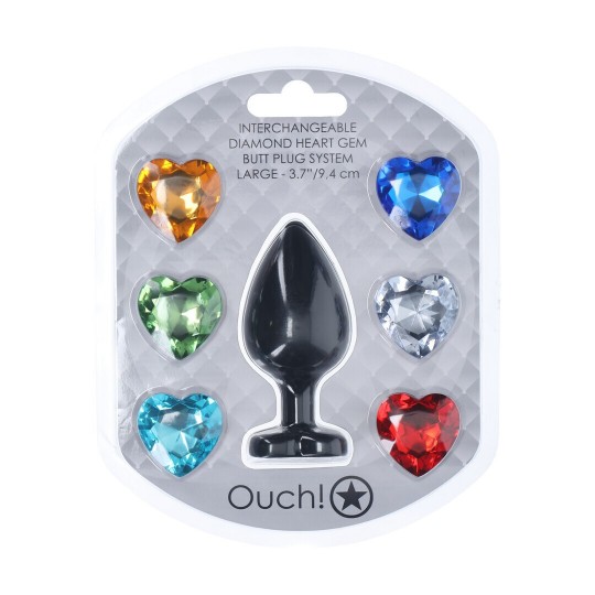 INTERCHANGEABLE DIAMOND HEART GEM BUTT PLUG - LARGE - BLACK