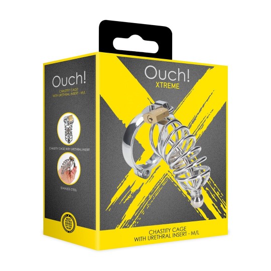 CHASTITY CAGE WITH URETHRAL INSERT - M/L - SILVER