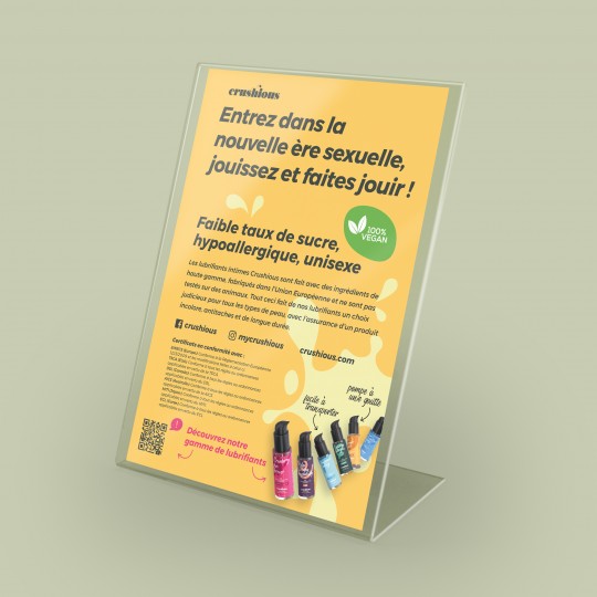 EXPOSITOR ROTATIVO CRUSHIOUS CON FOLLETO DE PRESENTACIÓN DE LUBRICANTES EN FRANCÉS